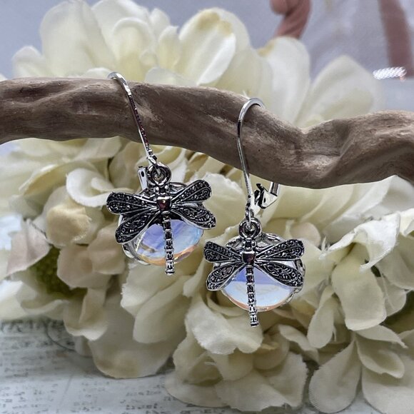 Silver plate Iridescent Dragonfly Wire Opal Earrings Fall Gift Mom Birthday Wife - Picture 16 of 16